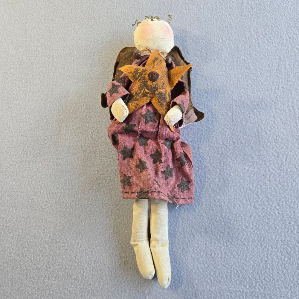 Unbranded Primitive Angel Doll Unisex OS Burgundy Star Pattern Rustic Folk Art